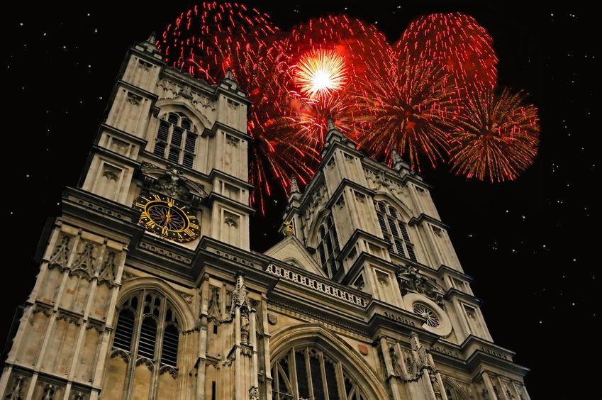 Firework display over the towers of Westminster Abbey