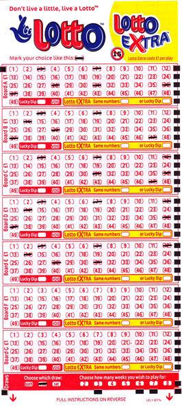 Lotto play slip with 5 boards marked up for a draw on Wednesday